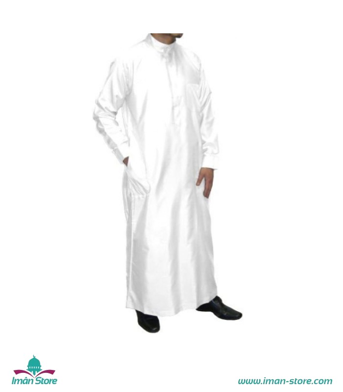 Qamis homme blanc manches longues avec col et 3 poches - Iman Store